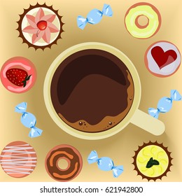 Cup of coffee with donuts top view, coffee break, breakfast meal, fast food snack, Isolated vector illustration