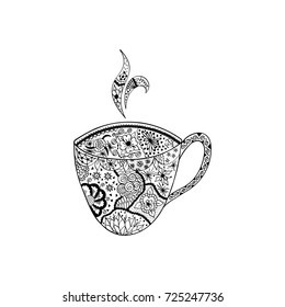The cup of coffee doodle art. unusual flowers, leaves, berries and other elements on dishes for coloring book page design