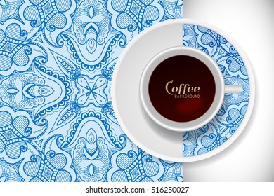 Cup of coffee with doodle ornament on a saucer and hand drawn seamless floral sketch pattern. Business coffee break concept, interior background. Isolated coffee cup and plate decor elements