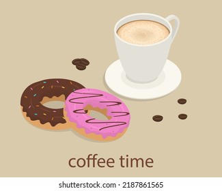 Cup of Coffee with a doughnut in an isometric style. Coffee time banner. Vector illustration.