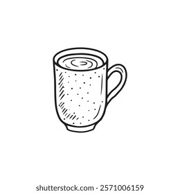 Cup of coffee drawing in black isolated on white background. Hand drawn vector sketch illustration in doodle engraved vintage line art style. Concept of cafe, hot tea, beverage, art, mug design