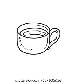 Cup of coffee drawing in black isolated on white background. Hand drawn vector sketch illustration in doodle engraved vintage line art style. Concept of cafe, hot tea, beverage, art, mug design