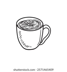 Cup of coffee drawing in black isolated on white background. Hand drawn vector sketch illustration in doodle engraved vintage line art style. Concept of cafe, hot tea, beverage, art, mug design