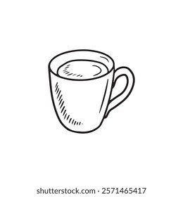 Cup of coffee drawing in black isolated on white background. Hand drawn vector sketch illustration in doodle engraved vintage line art style. Concept of cafe, hot tea, beverage, art, mug design