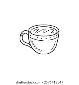 Cup of coffee drawing in black isolated on white background. Hand drawn vector sketch illustration in doodle engraved vintage line art style. Concept of cafe, hot tea, beverage, art, mug design