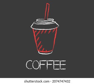cup with coffee drawn with chalks on black blackboard. Simple vector illustration