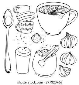 A cup of coffee drawn line. Scribble, coffee, cup, spoon, sugar