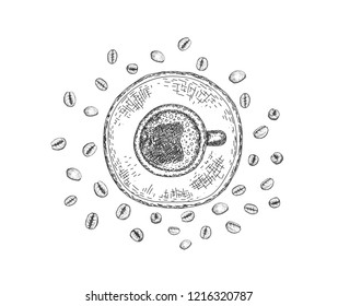 Cup with a coffee drink and coffee beans on the white background, top view. Sketching style.