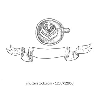 Cup with a coffee drink on the white background and ribbon. Sketching style.