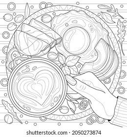 Una taza de café y un huevo con aguacate y jamón. Desayuno.Colores libros antiestrés para niños y adultos. Ilustración aislada sobre fondo blanco. Estilo zenano-margino. Dibujo manual