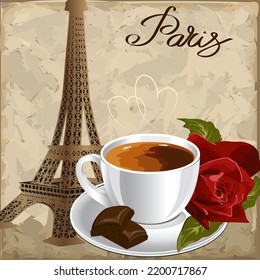 Cup with coffee and the Eiffel Tower.Vector illustration with a cup of coffee and the Eiffel Tower on a colored background with text.