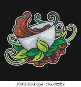 A cup coffee emblem vector design on a black backgrounds