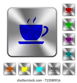 Cup of coffee engraved icons on rounded square glossy steel buttons
