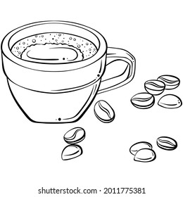 Cup of coffee espresso with coffee beans. Hand drawn vector illustration in sketch style isolated on white. Mug with hot drink for the coffee shop, cafe, kitchen print