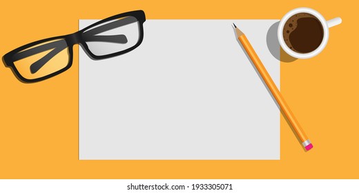 Cup of coffee, eyeglasses, paper and  pencil isolated on yellow background top view