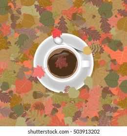 Cup of coffee in fall foliage. Autumn time. Vector illustration eps10.