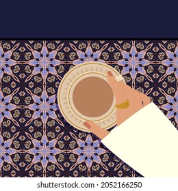 Cup of coffee in female hand. Exquisite tile table from top view. Mug in hand on the blue tile background. Fashionable vector illustration. Feminine lifestyle