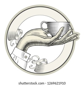 Cup of coffee. Female hands with a coffee cup and spoon. Coffee concept. Vintage engraving stylized drawing. Vector illustration