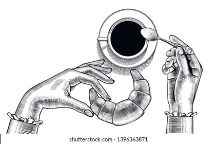 Cup of coffee. Female hands with a coffee cup and yellow croissant. Coffee concept. Vintage engraving stylized drawing. Vector illustration