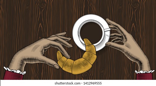 Cup of coffee. Female hands with a coffee cup and yellow croissant. Coffee concept. Vintage engraving stylized drawing. Vector illustration