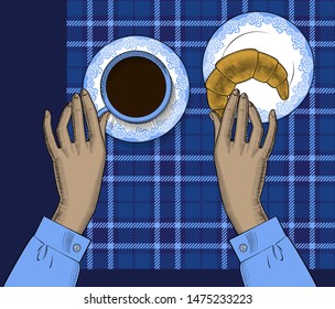 Cup of coffee. Female hands with a coffee cup and yellow croissant. Coffee concept. Vintage engraving stylized drawing. Vector illustration