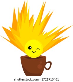 cup of coffee and a fiery sun cartoon character winks and smiles on a white background The concept of Cheerful morning and a popular drink