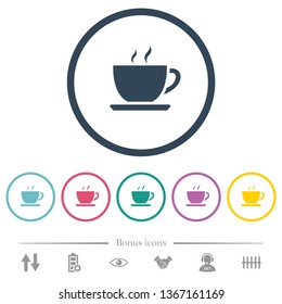 Cup of coffee flat color icons in round outlines. 6 bonus icons included.