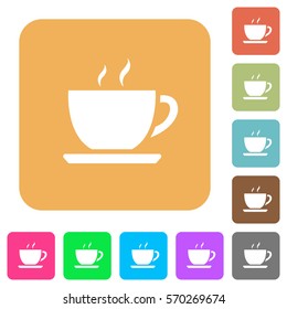 Cup of coffee flat icons on rounded square vivid color backgrounds.