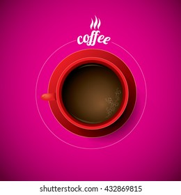  cup of coffee. flat lay coffee mug top view on pink background