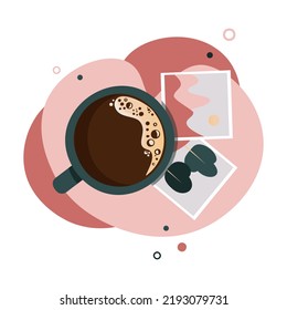 Cup of coffee in flat style with instant photo on abstract background. Vintage pictures and coffee mug. For banner, website, social media, app, flyer and stickers