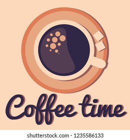 A cup of coffee. Flat style. Modern warm shades. Two pieces of sugar on a saucer. View from above. Yellow, Orange, Magenta