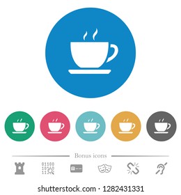 Cup of coffee flat white icons on round color backgrounds. 6 bonus icons included.