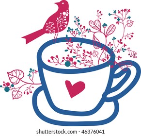 Cup of coffee with floral and bird