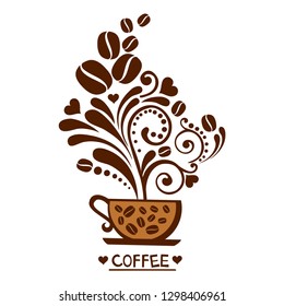 Cup of coffee with floral design elements isolated on white background. Cup of Fresh Coffee. Flat Style. Decorative Design for Cafeteria, Posters, Banners, Cards. Vector Illustration