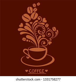 Cup of coffee with floral design elements isolated on white background. Cup of Fresh Coffee. Flat Style. Decorative Design for Cafeteria, Posters, Banners, Cards. Vector Illustration