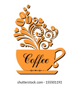 Cup of coffee with floral design elements isolated on white background. Vector Illustration 