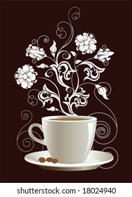 Cup of coffee with floral design elements. Vector illustration.