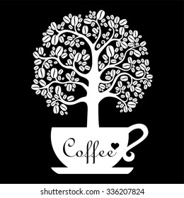 Cup of coffee with floral design elements isolated on black background. vector illustration