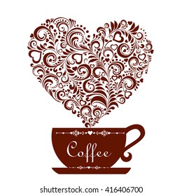 Cup of coffee with floral design elements isolated on white background. Vector Illustration