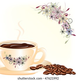 Cup of coffee with floral design elements.