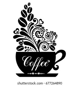 Cup of coffee with floral design elements isolated on white background. Menu for restaurant, cafe, bar, coffee shop, tea-house. Vector Illustration