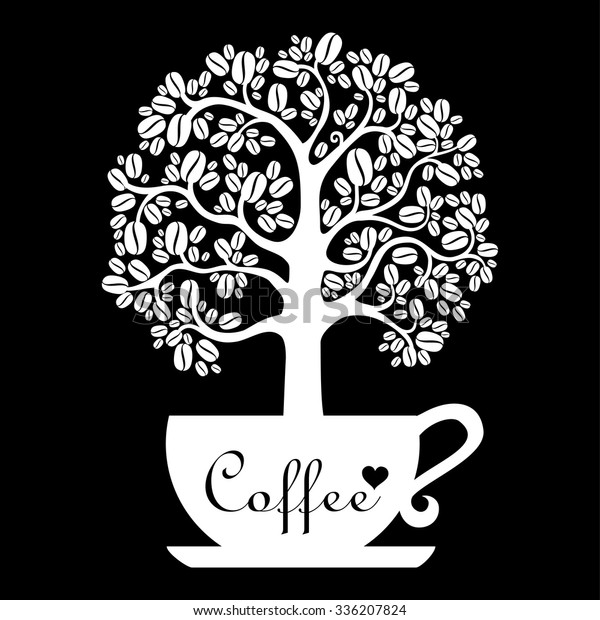 Cup of coffee with floral design\
elements isolated on black background. vector\
illustration
