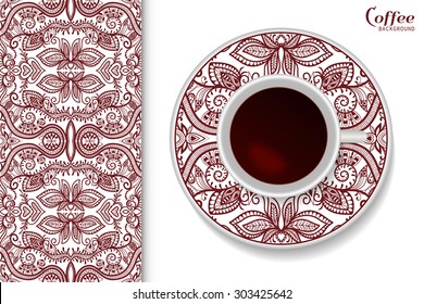 Cup of coffee with floral and geometric ornament on a saucer, seamless tribal ethnic pattern repeating texture.