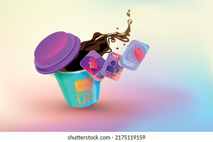 A cup of coffee and flying web icons. Vector banner