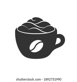 Cup of coffee with foam and cream on mug with coffee bean sign silhouette. Simple minimal flat icon or logo for cafe shops, beverages, caffeine, restaurants, etc. Vector illustration.