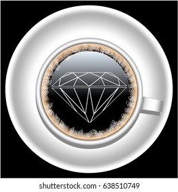 Cup of coffee with foam diamond on plate.