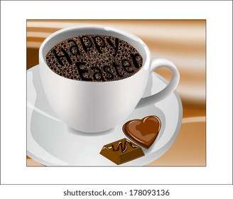 Cup of coffee with foam in the form of Happy Easter 