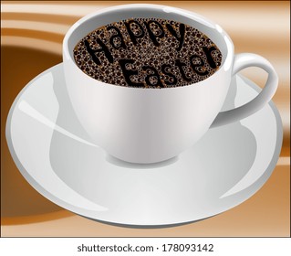 Cup of coffee with foam in the form of Happy Easter 