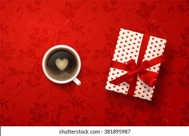 cup of coffee  with foam in the form of heart and gift box on red vector background. valentine`s card