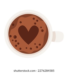 Copa de café con espuma y corazón. Vista superior. Ilustración vectorial. Estilo dibujado a mano